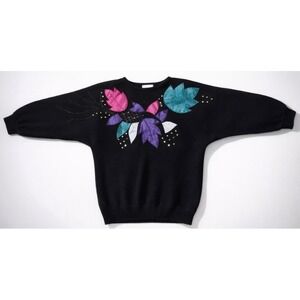 Diversity Vintage 80s 90s Leaf Applique Sweater Black Oversized Retro Rare L